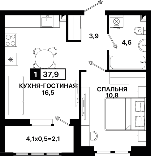 1-комнатная, 37.90 м²