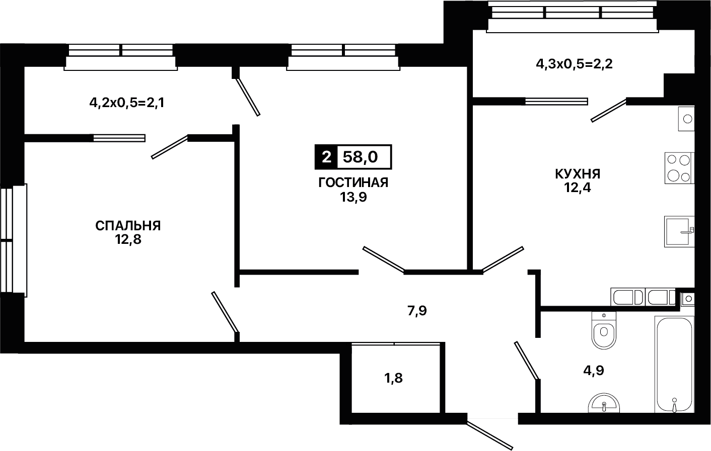 2-комнатная, 58.00 м²